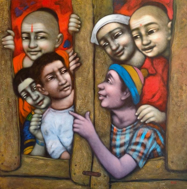 Figurative acrylic painting titled 'Broken Windows', 36x36 inches, by artist Apet Pramod on Canvas