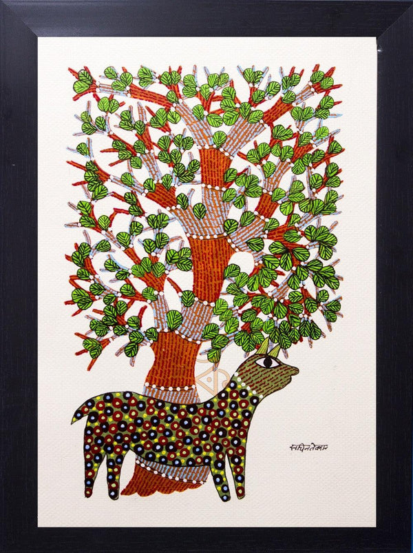 Folk Art gond traditional art titled 'Brown spotted deer Gond Art', 15x10 inches, by artist Kalavithi Art Ventures on Canvas