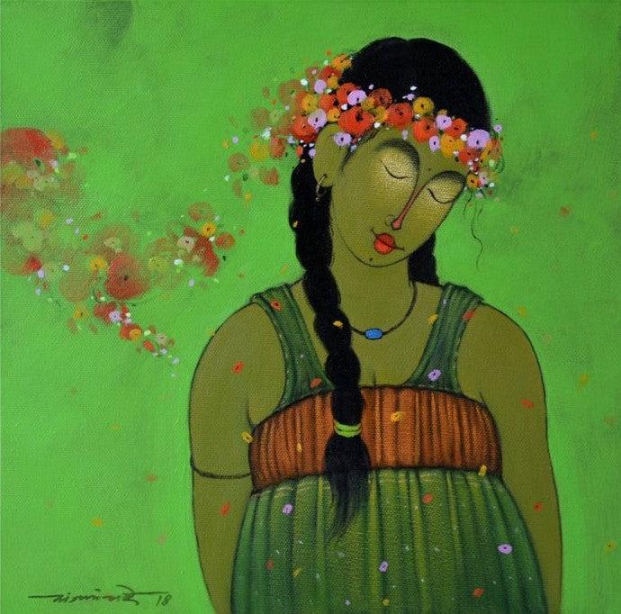 Figurative acrylic painting titled 'Brunatte 1', 18x18 inches, by artist Sanjay M Khochare on Canvas