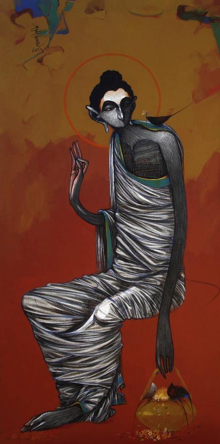 Figurative acrylic painting titled 'Buddha 1', 24x48 inches, by artist Sanjay Sable on Canvas