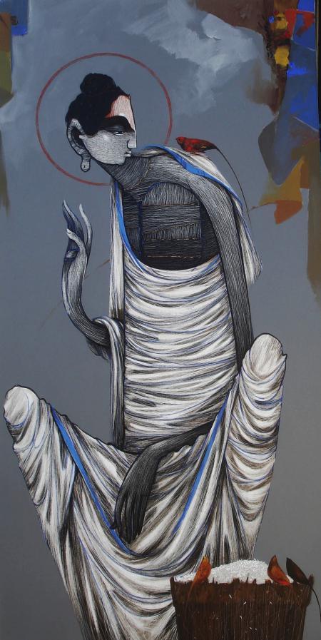 Figurative acrylic painting titled 'Buddha 4', 24x48 inches, by artist Sanjay Sable on Canvas