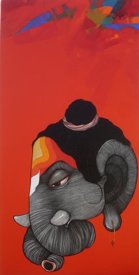 Figurative acrylic painting titled 'Buddha 5', 24x48 inches, by artist Sanjay Sable on Canvas