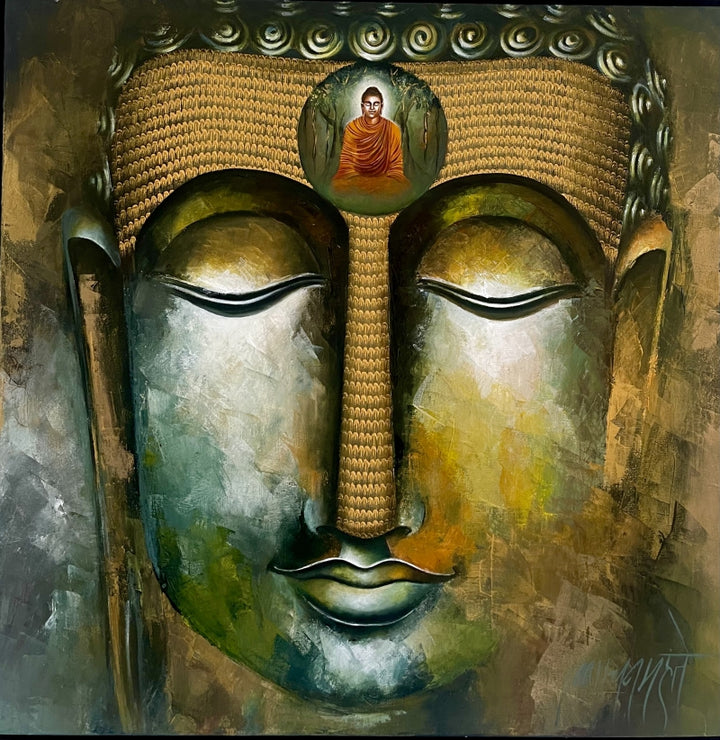 Religious acrylic painting titled 'Buddha', 36x36 inch, by artist Kanchan Mahante on Canvas