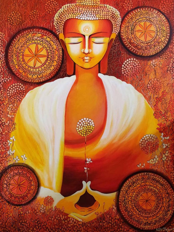 Religious acrylic painting titled 'Buddha A Journey Towards Enlightenment', 40x30 inches, by artist NITU CHHAJER on Canvas