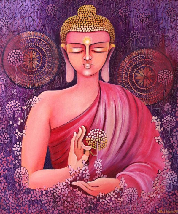 Religious acrylic painting titled 'Buddha A Way Of Living In Freedom', 36x30 inches, by artist NITU CHHAJER on CANVAS