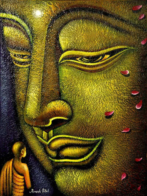 Religious oil painting titled 'Buddha and Devotee', 24x18 inches, by artist Ramesh Patel on Canvas