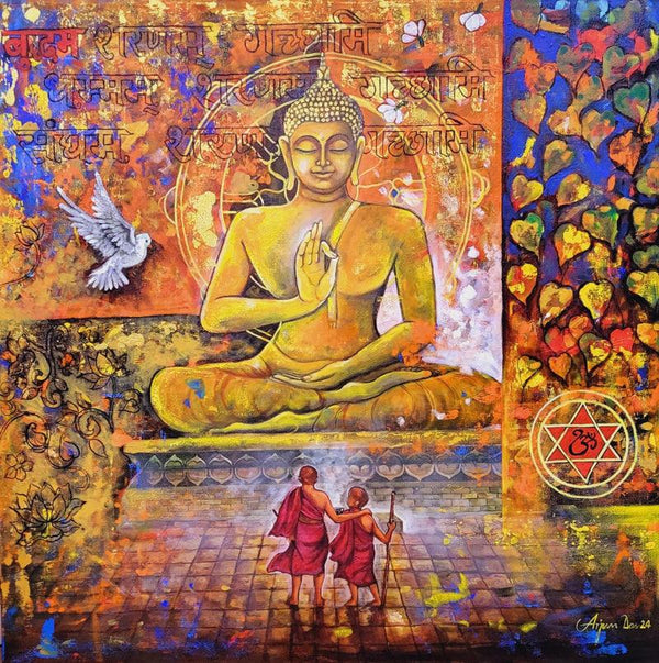 Religious acrylic painting titled 'Buddha And Monk 10', 48x48 inches, by artist Arjun Das on Canvas