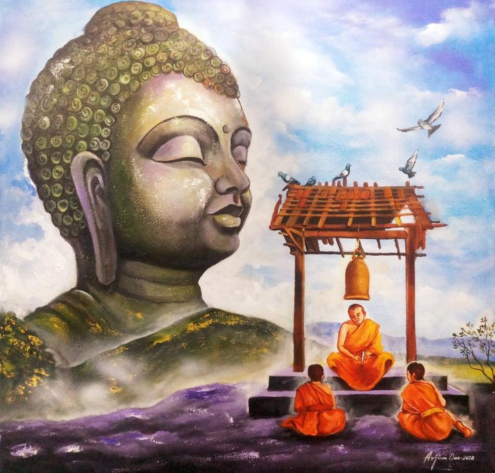 Religious acrylic painting titled 'Buddha And Monk 13', 36x36 inches, by artist Arjun Das on Canvas