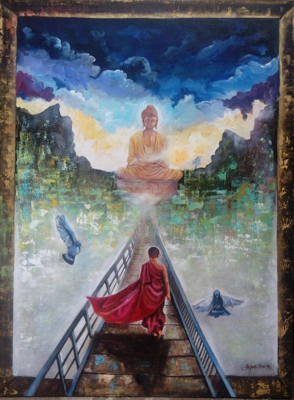 Religious acrylic painting titled 'Buddha And Monk 2', 36x48 inches, by artist Arjun Das on Canvas