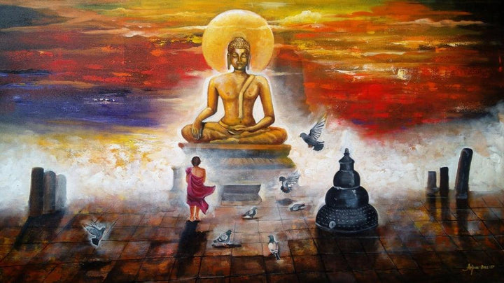 contemporary acrylic painting titled 'Buddha And Monk 4', 33x60 inches, by artist Arjun Das on Canvas