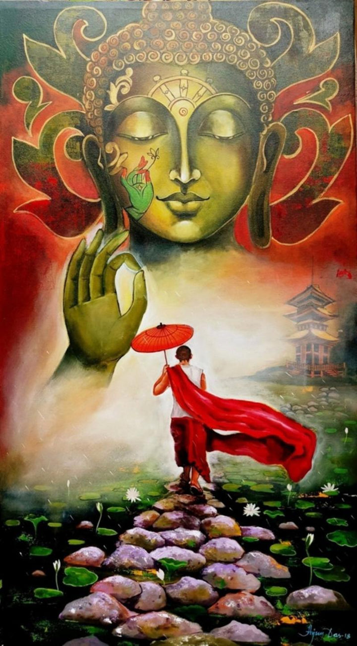 Religious acrylic painting titled 'Buddha And Monk 6', 33x60 inches, by artist Arjun Das on Canvas