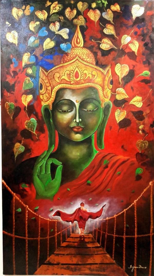 Religious acrylic painting titled 'Buddha And Monk 8', 33x60 inches, by artist Arjun Das on Canvas