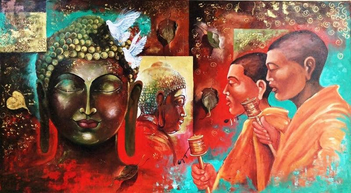 Religious acrylic painting titled 'Buddha And Monk 9', 33x60 inches, by artist Arjun Das on Canvas