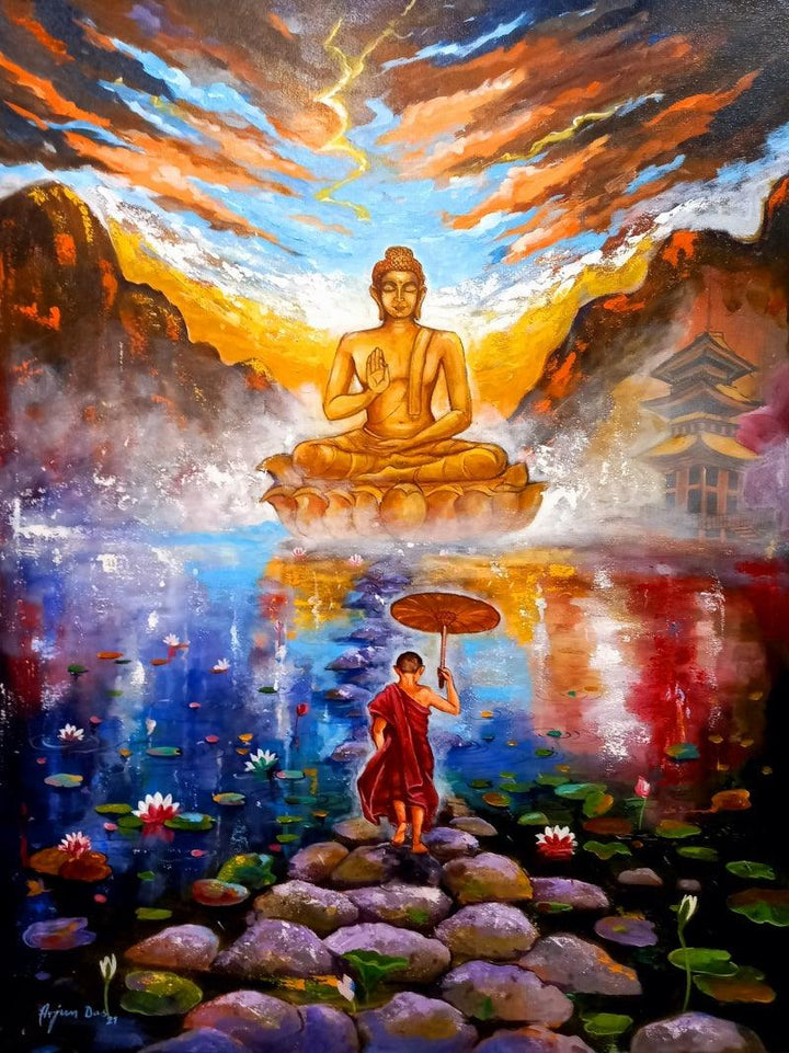 contemporary acrylic painting titled 'Buddha And Monk Child 1', 42x32 inches, by artist Arjun Das on Canvas