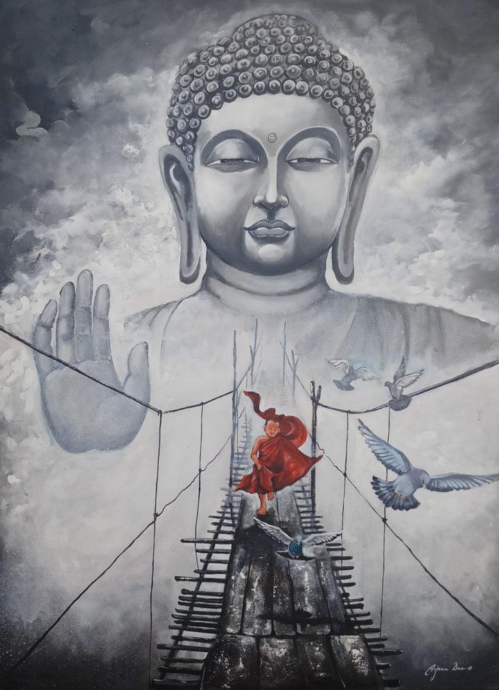 Religious acrylic painting titled 'Buddha And Monk Child 11', 36x48 inches, by artist Arjun Das on Canvas