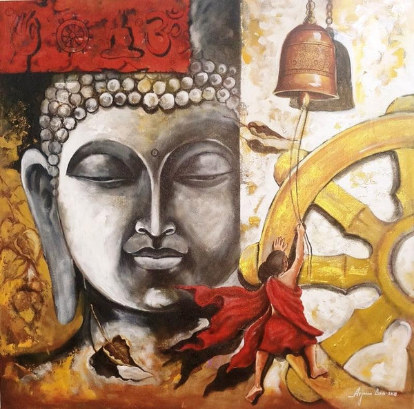 Religious acrylic painting titled 'Buddha And Monk Child 12', 36x36 inches, by artist Arjun Das on Canvas