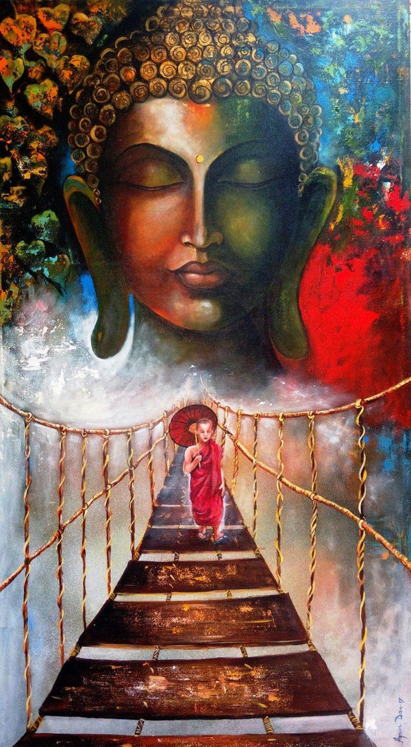 Realistic acrylic painting titled 'Buddha And Monk Child 3', 60x33 inches, by artist Arjun Das on Canvas