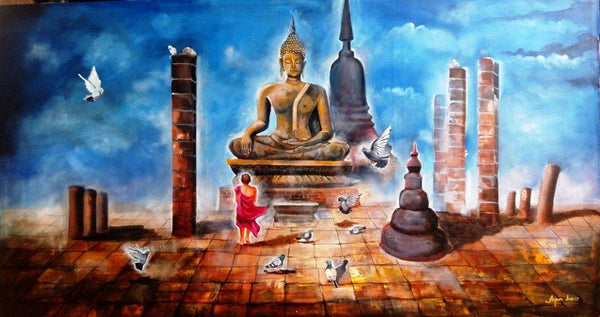 Realistic acrylic painting titled 'Buddha And Monk Child 4', 60x33 inches, by artist Arjun Das on Canvas