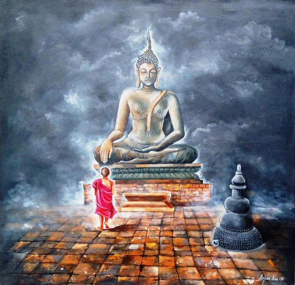 Realistic acrylic painting titled 'Buddha And Monk Child', 36x36 inches, by artist Arjun Das on Canvas