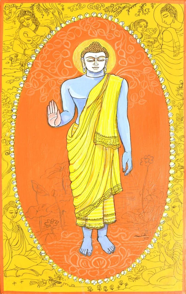 Religious acrylic pen painting titled 'Buddha Avatar', 18x11 inches, by artist Manisha Srivastava on Canvas