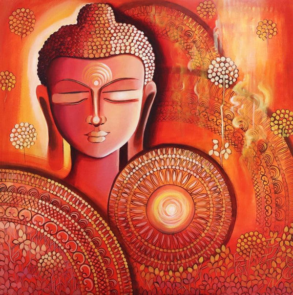 Religious acrylic painting titled 'Buddha Awakening Consciousness', 30x30 inches, by artist NITU CHHAJER on Canvas