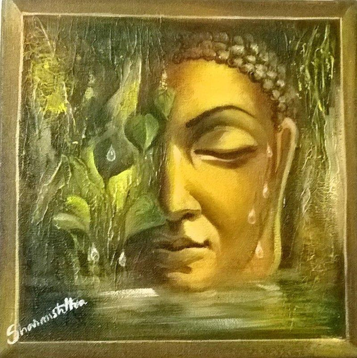 Religious acrylic painting titled 'Buddha Beside Nature', 8x8 inches, by artist Sharmishtha Sinha on Canvas