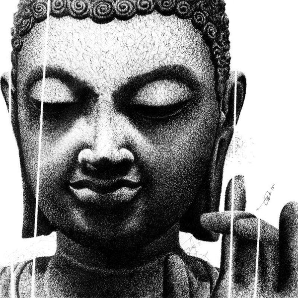 Religious pen ink drawing titled 'Buddha Blessing 2', 20x20 inches, by artist Pratap Chakraborty on Paper