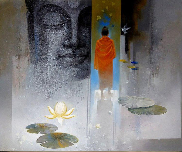 Figurative acrylic painting titled 'Buddha Breathing', 30x36 inches, by artist Sanjay Lokhande on Canvas