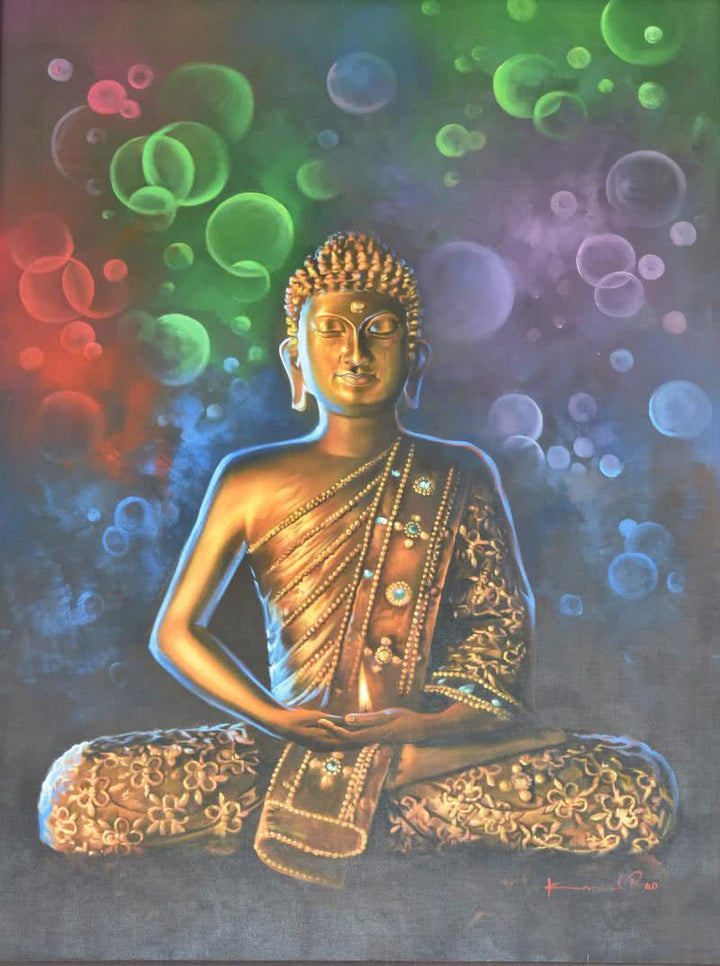 Religious oil painting titled 'Buddha Bronze', 36x48 inches, by artist Kamal Rao on Canvas