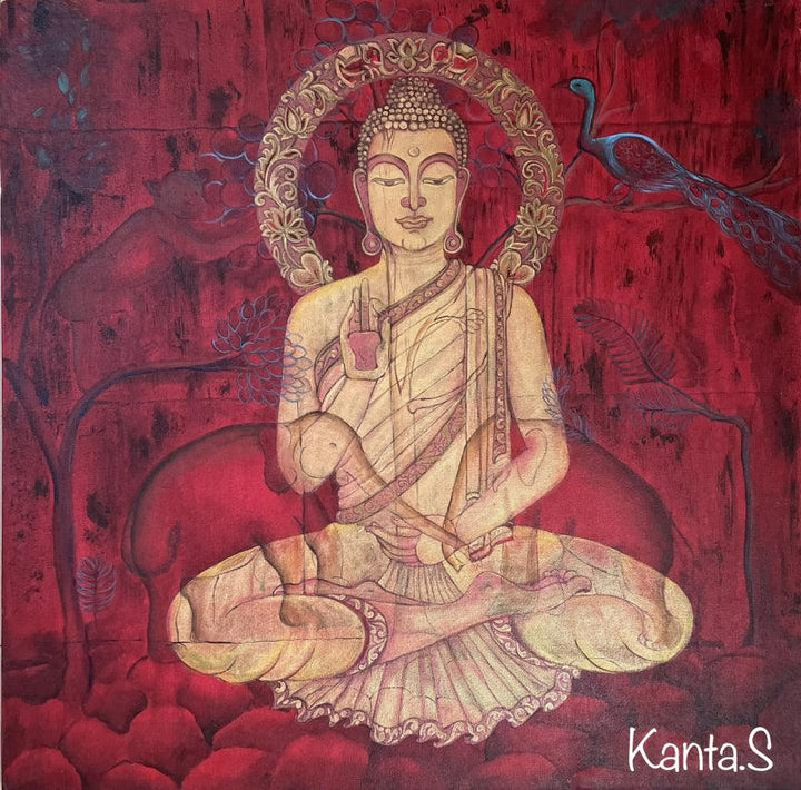 meditation acrylic painting titled 'Buddha Calm in Chaos', 30x30 inches, by artist Kanta SIngh on Canvas