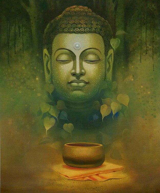 Figurative acrylic painting titled 'Buddha Dhyana', 36x30 inches, by artist Sanjay Lokhande on Canvas