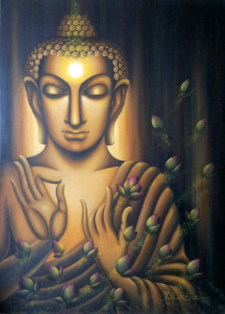 Religious oil painting titled 'Buddha Divine Soul', 55x40 inches, by artist Madhumita Bhattacharya on Canvas