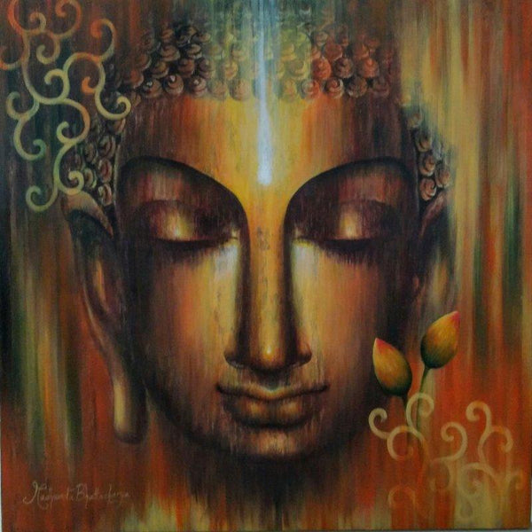 Religious acrylic painting titled 'Buddha Divyagyan', 36x36 inches, by artist Madhumita Bhattacharya on Canvas