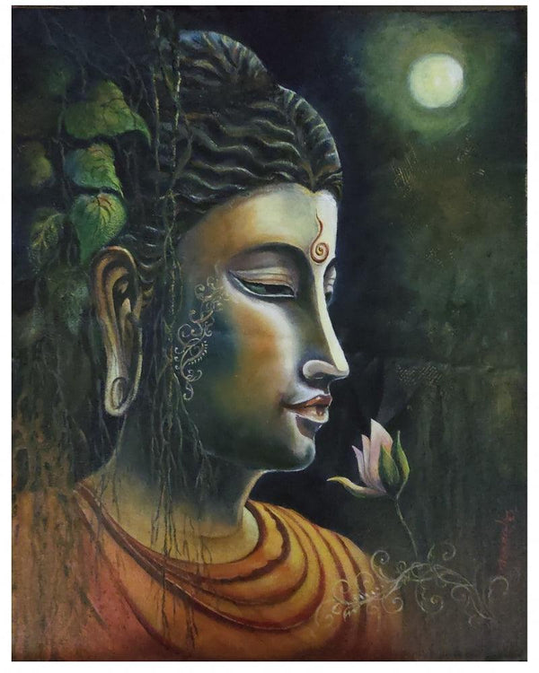 contemporary acrylic oil painting titled 'Buddha Enlightened', 20x16 inches, by artist Barnali Ray on Canvas Board