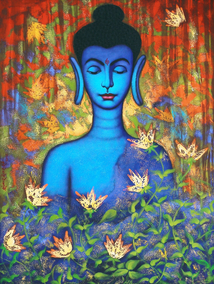 Religious acrylic painting titled 'Buddha With Flowers', 48x36 inch, by artist Shankar Devarukhe on Canvas