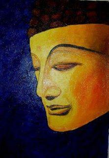 Religious oil painting titled 'Buddha Golden Radiance', 12x18 inches, by artist Kiran Bableshwar on Canvas