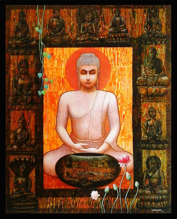 Motivational acrylic painting titled 'Buddha II', 60x48 inches, by artist Ajay Meshram on Canvas