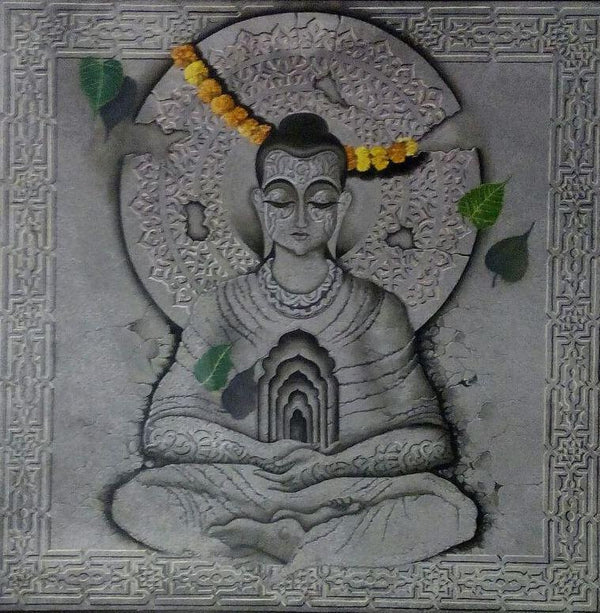 Religious mixed media painting titled 'Buddha In Deep Meditation', 48x48 inches, by artist Mohd. Shakeel Saifi on Canvas