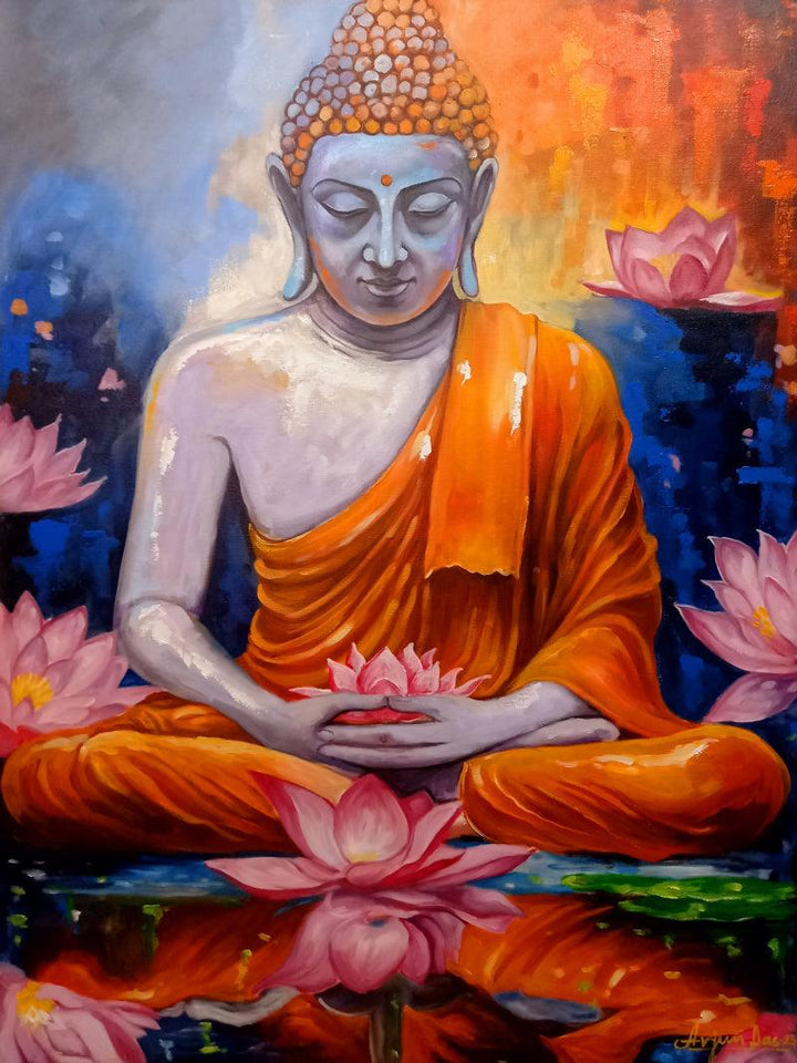 Religious acrylic painting titled 'Buddha On Meditation', 48x36 inches, by artist Arjun Das on Canvas