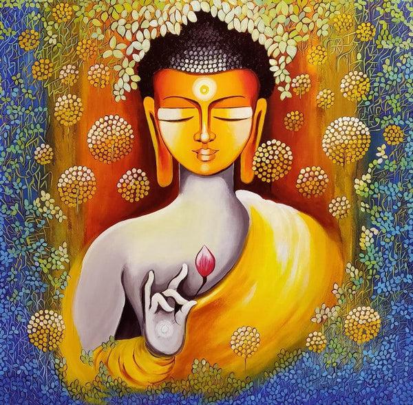 Religious acrylic painting titled 'Buddha Peace Begins With Self Love Ser', 36x36 inches, by artist NITU CHHAJER on Canvas