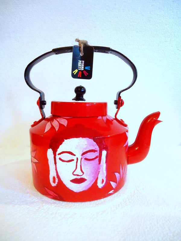 Lifestyle craft titled 'Buddha Red Tea Kettle', 9x9x7 inches, by artist Rithika Kumar on Aluminium