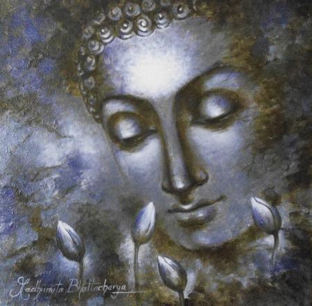 Portrait acrylic painting titled 'Buddha The Divine Soul', 18x18 inches, by artist Madhumita Bhattacharya on Canvas