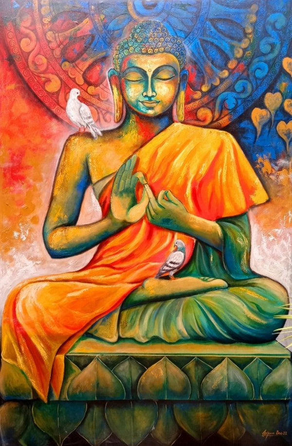 Religious acrylic painting titled 'Buddha the symbol Of Peace', 72x48 inches, by artist Arjun Das on Canvas