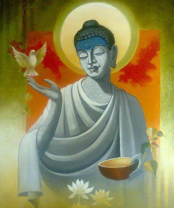 Figurative acrylic painting titled 'Buddha Vigilance', 24x18 inches, by artist Sanjay Lokhande on Canvas