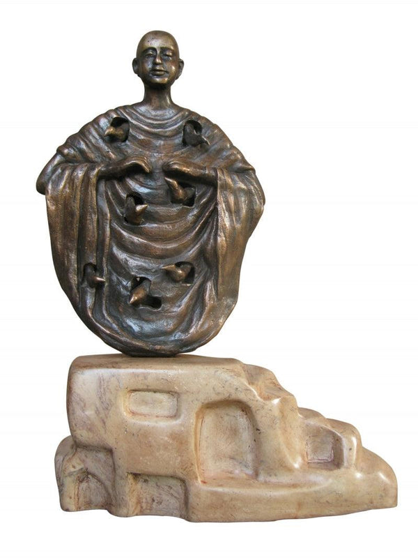 Religious sculpture titled 'Buddha With Nature 3', 12x8x3 inches, by artist Asurvedh Ved on Bronze