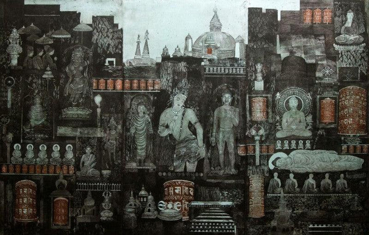 Religious printmaking titled 'Buddhas', 40x60 inches, by artist Uma Shanker Shah on Paper