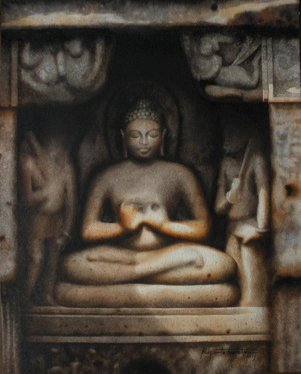 Religious watercolor painting titled 'Budhdha', 23x18 inches, by artist Sudipta Karmakar on Paper