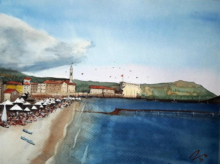 Cityscape watercolor painting titled 'Budva Montenegro', 8x11 inches, by artist Arunava Ray on Paper