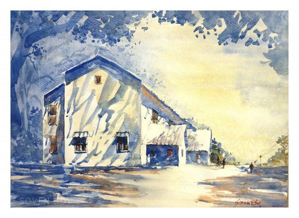 Landscape watercolor painting titled 'Building At Agriculture University Pune', 16x12 inches, by artist Soven Roy on Paper