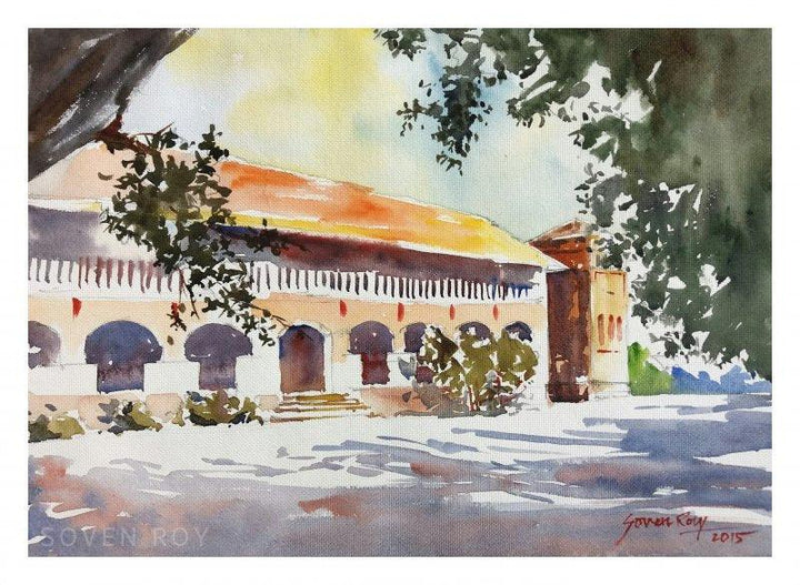 Landscape watercolor painting titled 'Building From Agriculture University Pune', 14x10 inches, by artist Soven Roy on Paper